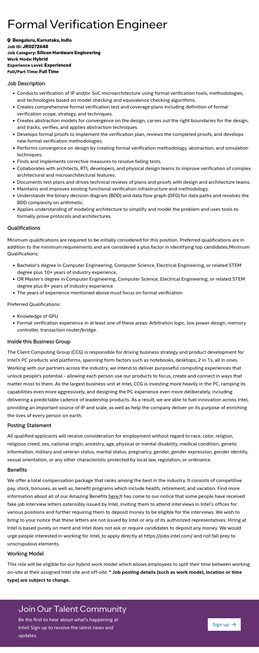 인텔 Formal Verification Engineer 채용공고
