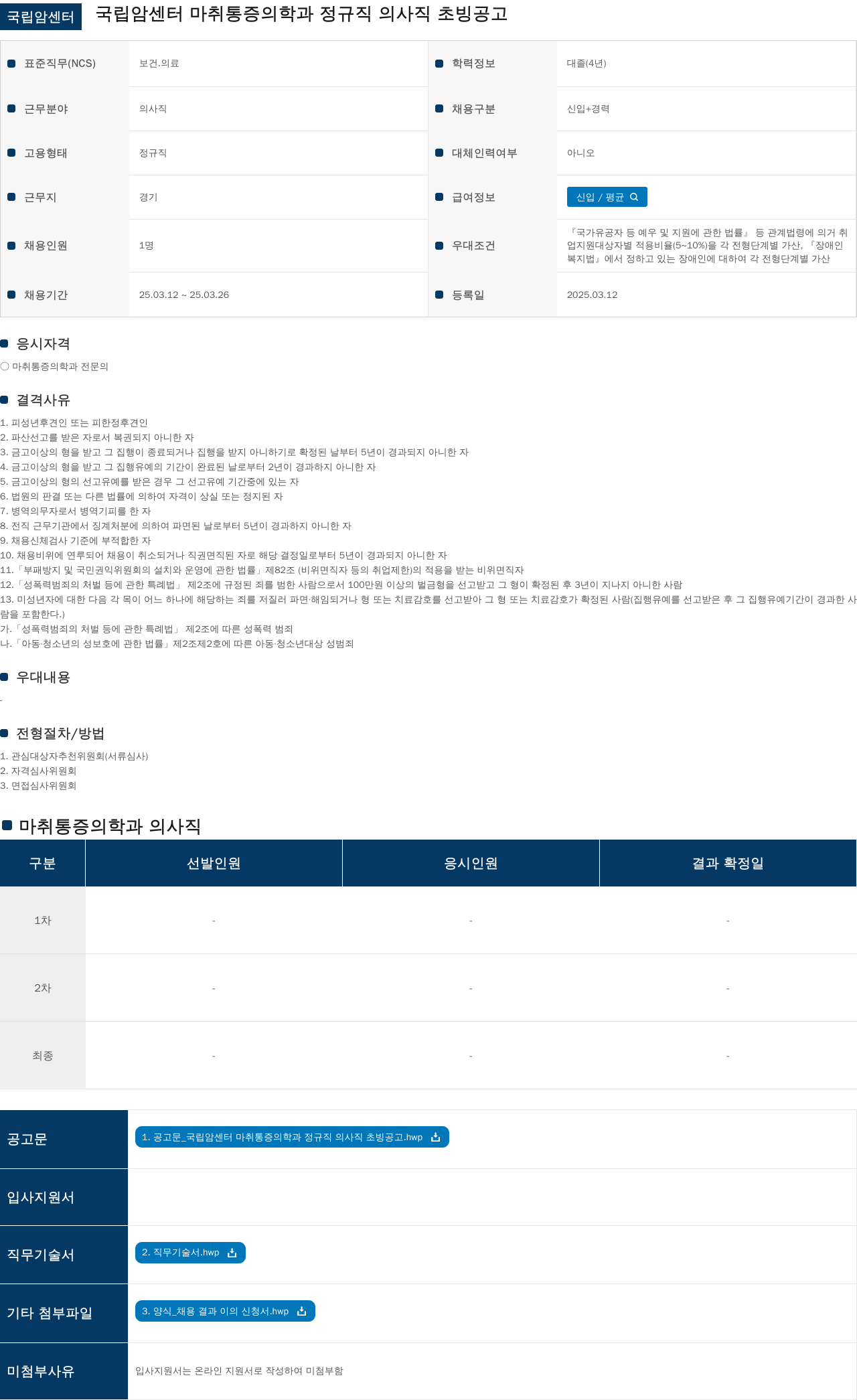 국립암센터 마취 통증 의학과 정규직 의사직 초빙 공고 채용공고