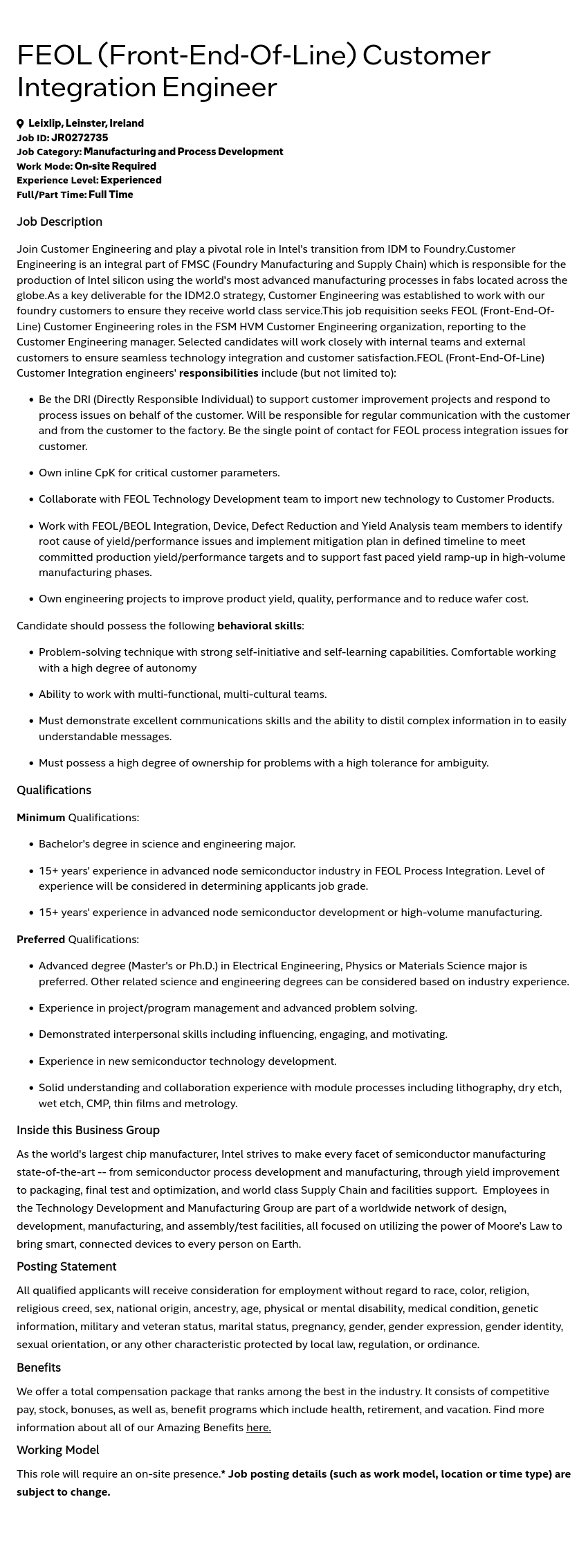 인텔 FEOL (Front-End-Of-Line) Customer Integration Engineer 채용공고