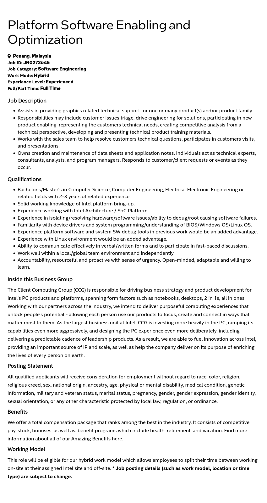 인텔 Platform Software Enabling and Optimization 채용공고