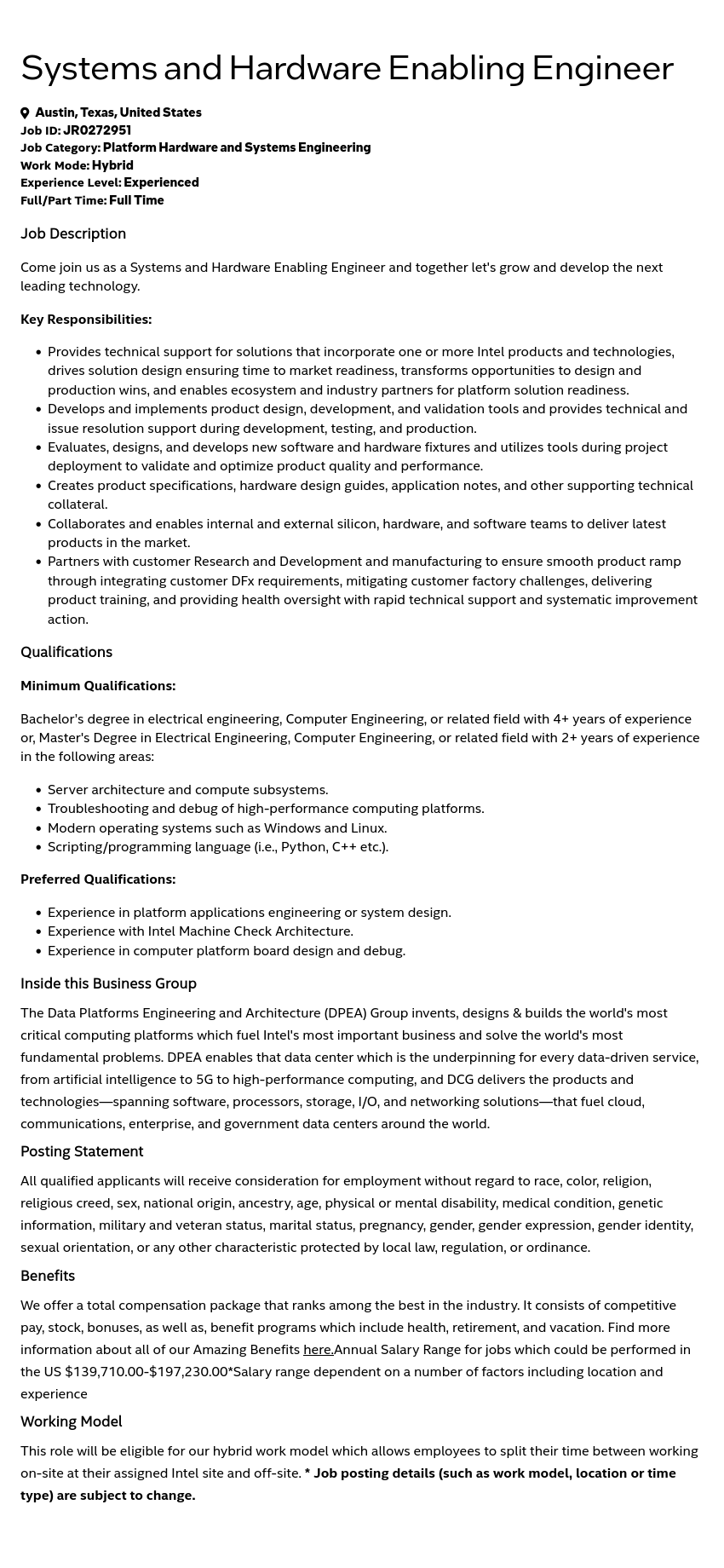 인텔 Systems and Hardware Enabling Engineer 채용공고