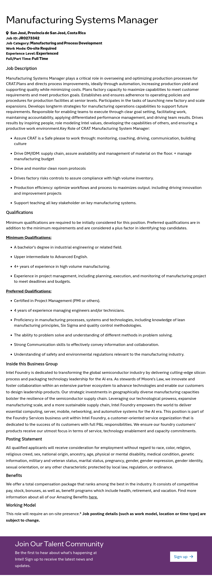 인텔 Manufacturing Systems Manager 채용공고