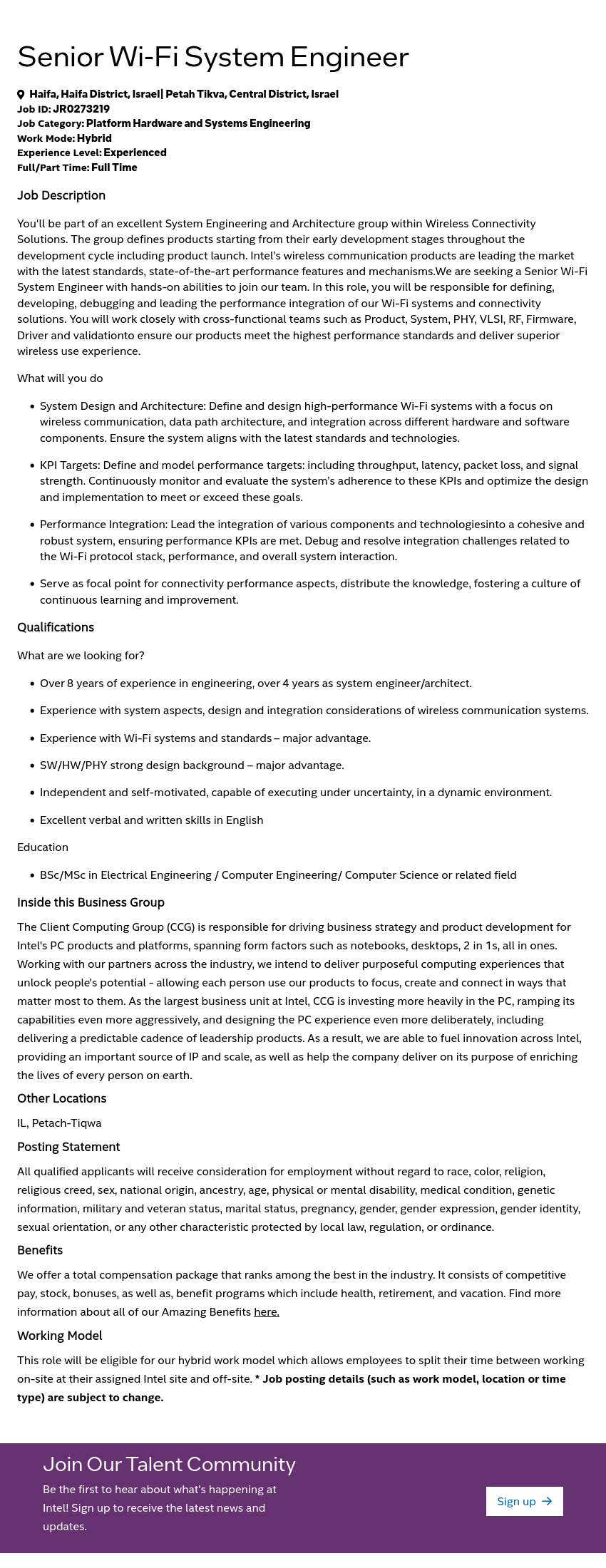 인텔 Senior Wi-Fi System Engineer 채용공고