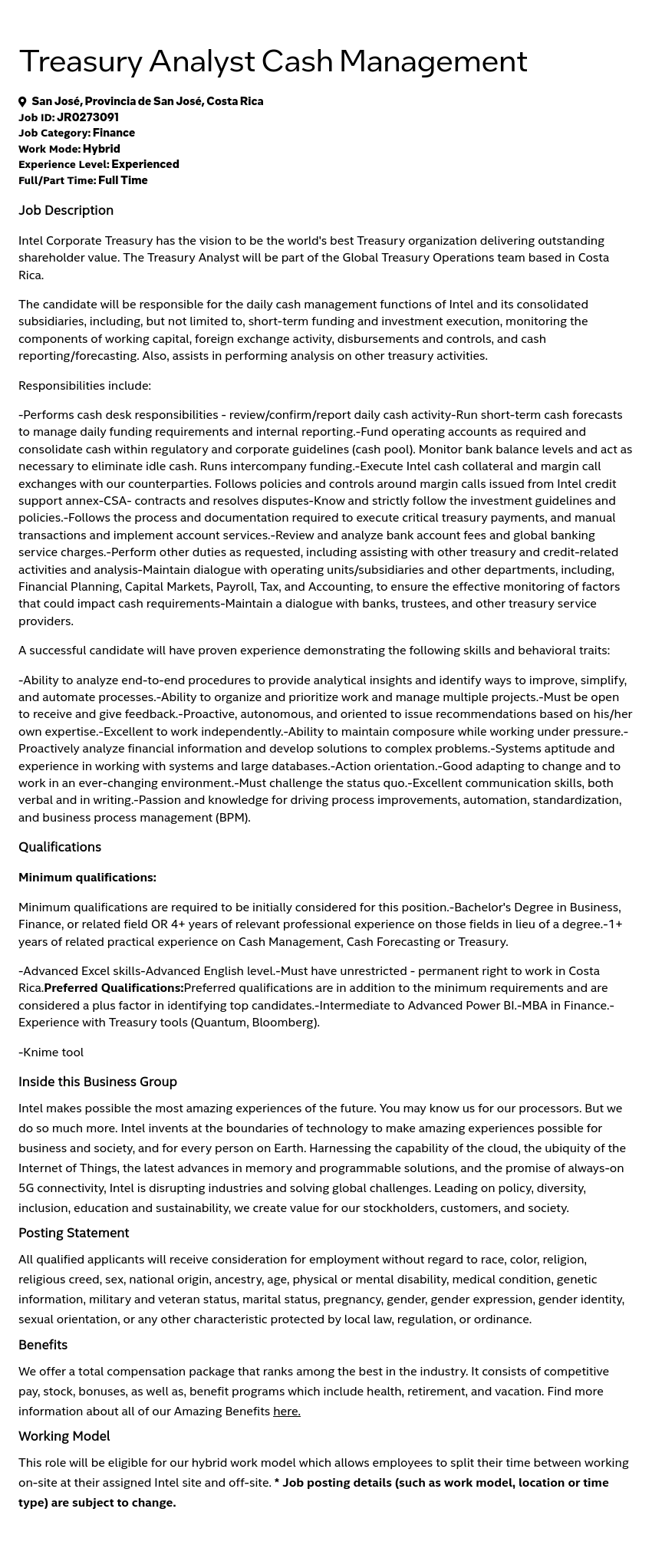인텔 Treasury Analyst Cash Management 채용공고