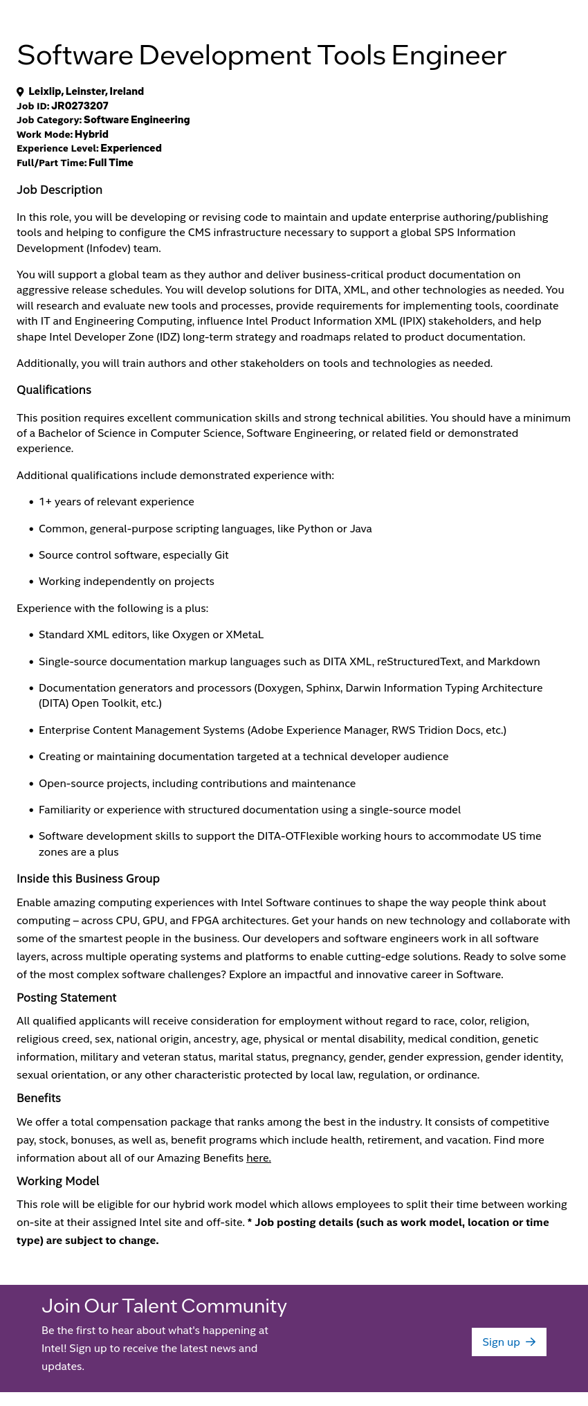인텔 Software Development Tools Engineer 채용공고