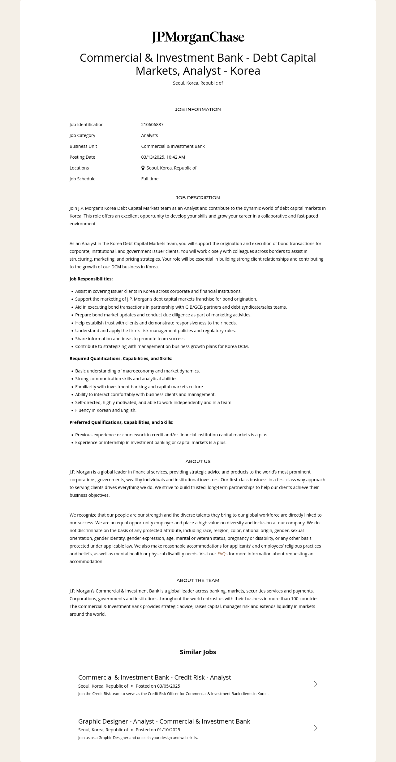 JPMorganChase Commercial & Investment Bank - Debt Capital Markets, Analyst - Korea 채용공고