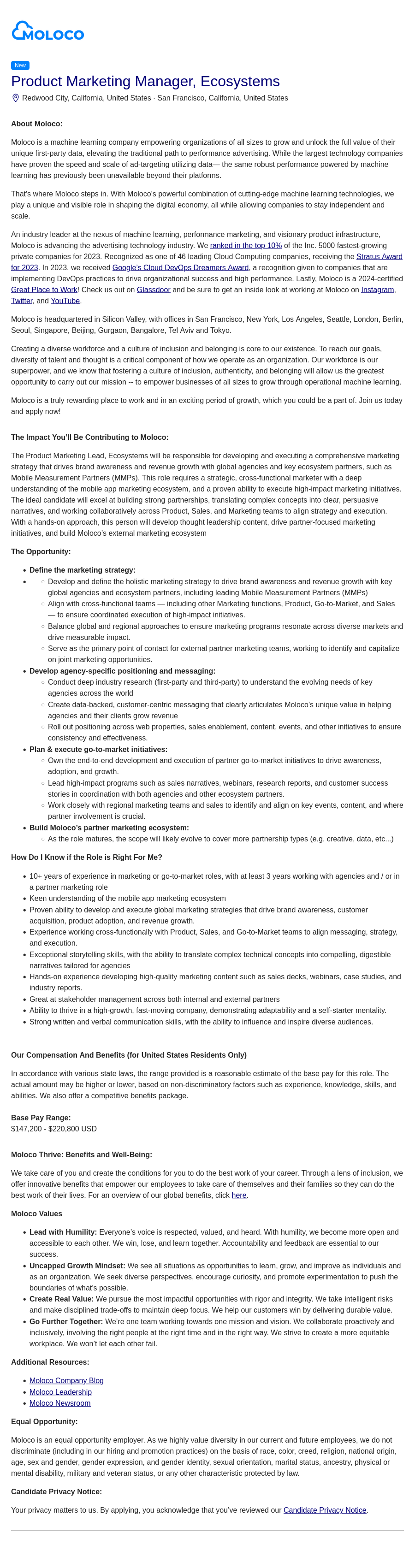 몰로코 Product Marketing Manager, Ecosystems 채용공고