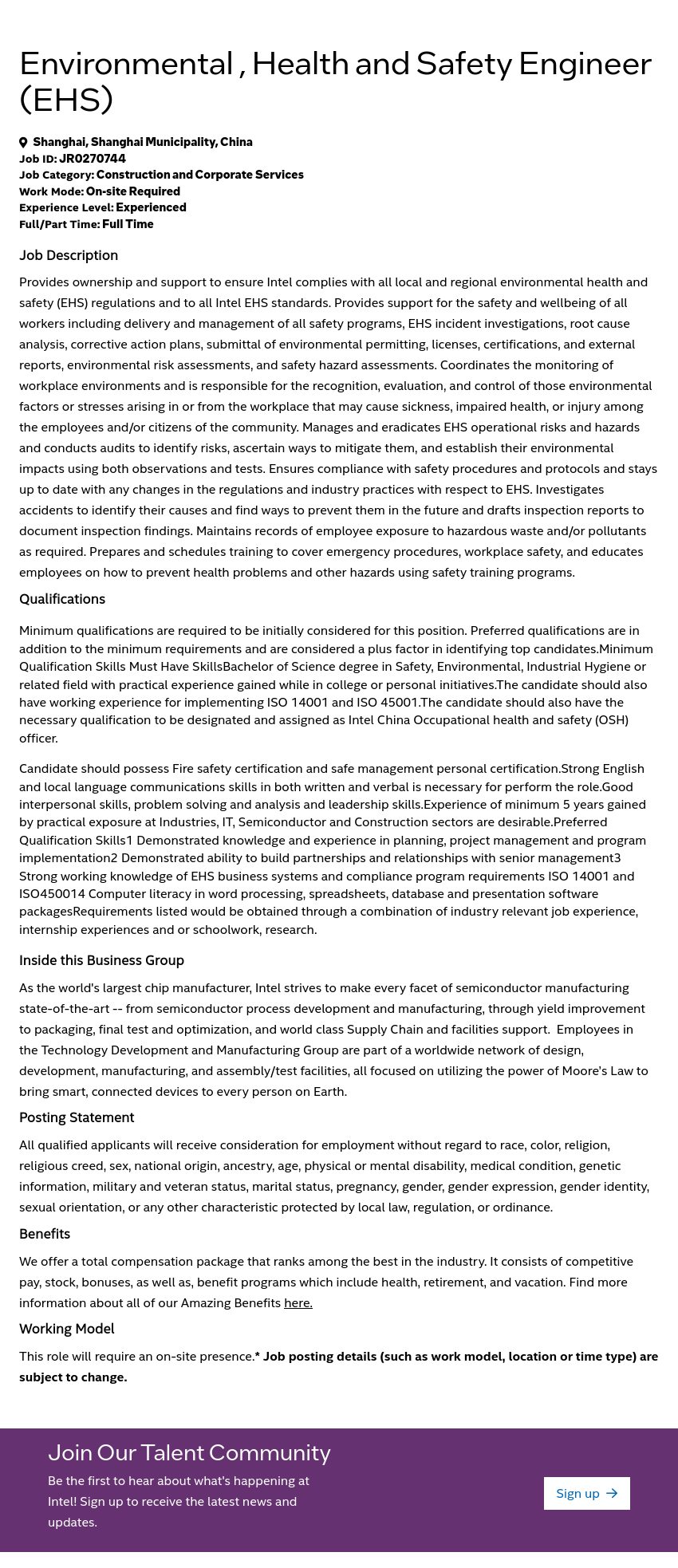 인텔 Environmental, Health and Safety Engineer (EHS) 채용공고