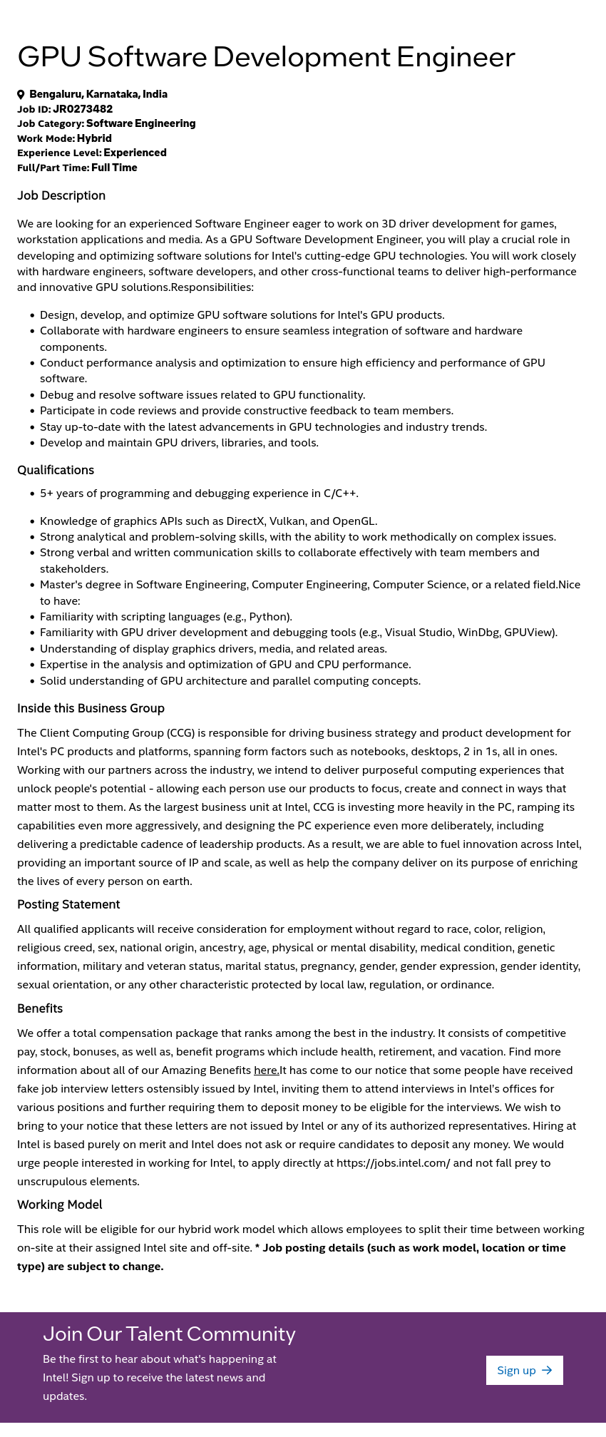 인텔 GPU Software Development Engineer 채용공고