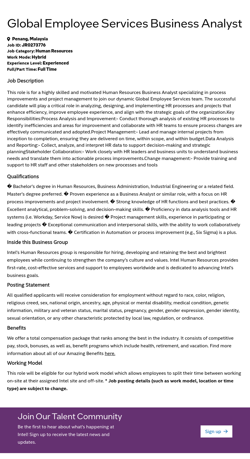 인텔 Global Employee Services Business Analyst 채용공고