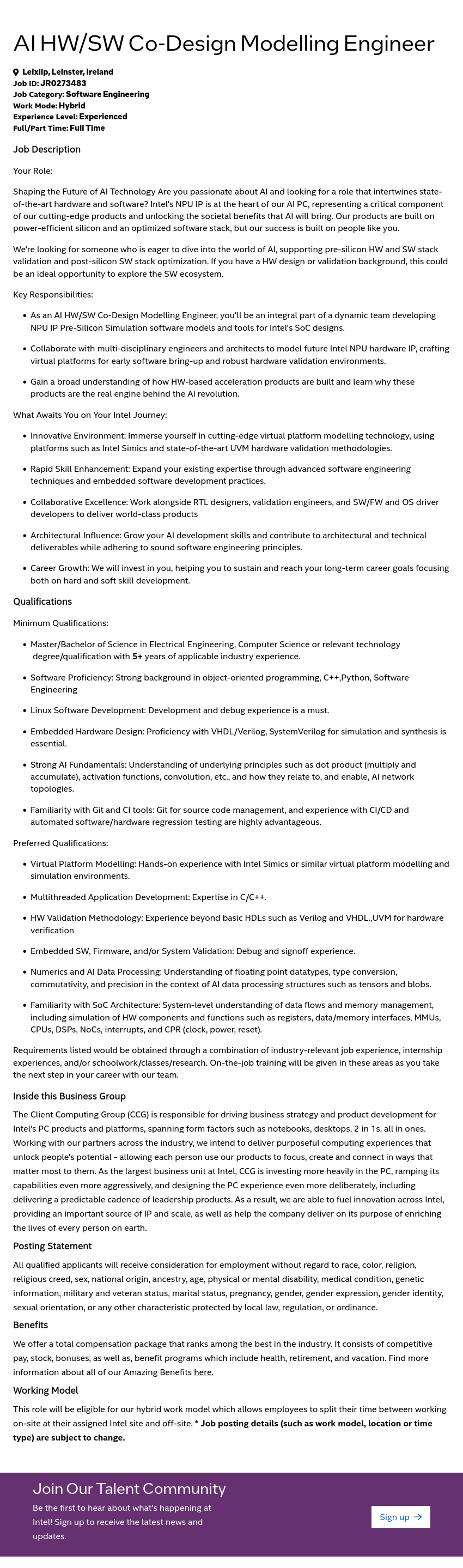 인텔 AI HW / SW Co-Design Modelling Engineer 채용공고
