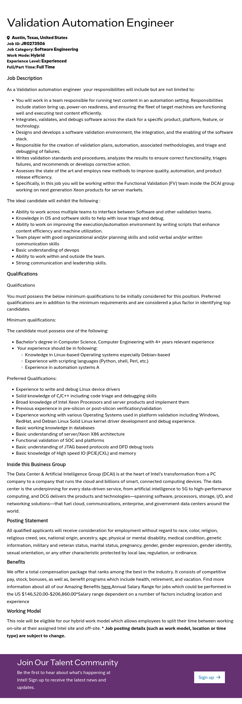 인텔 Validation Automation Engineer 채용공고