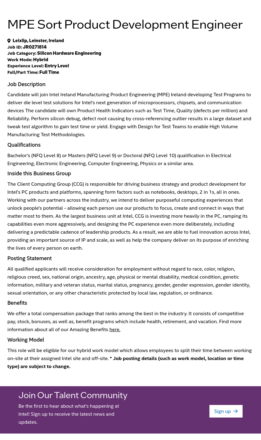 인텔 MPE Sort Product Development Engineer 채용공고