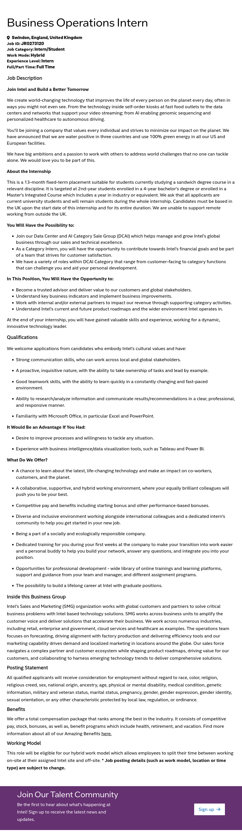 인텔 Business Operations Intern 채용공고