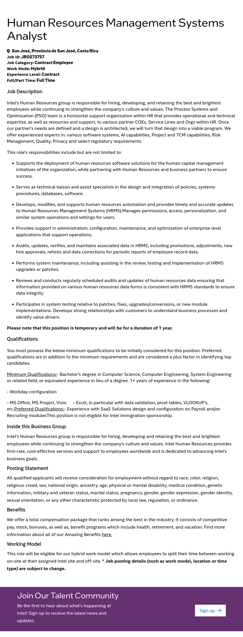 인텔 Human Resources Management Systems Analyst 채용공고