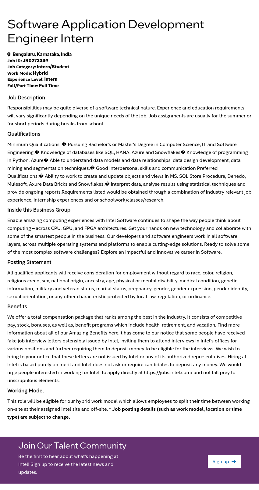 인텔 Software Application Development Engineer Intern 채용공고