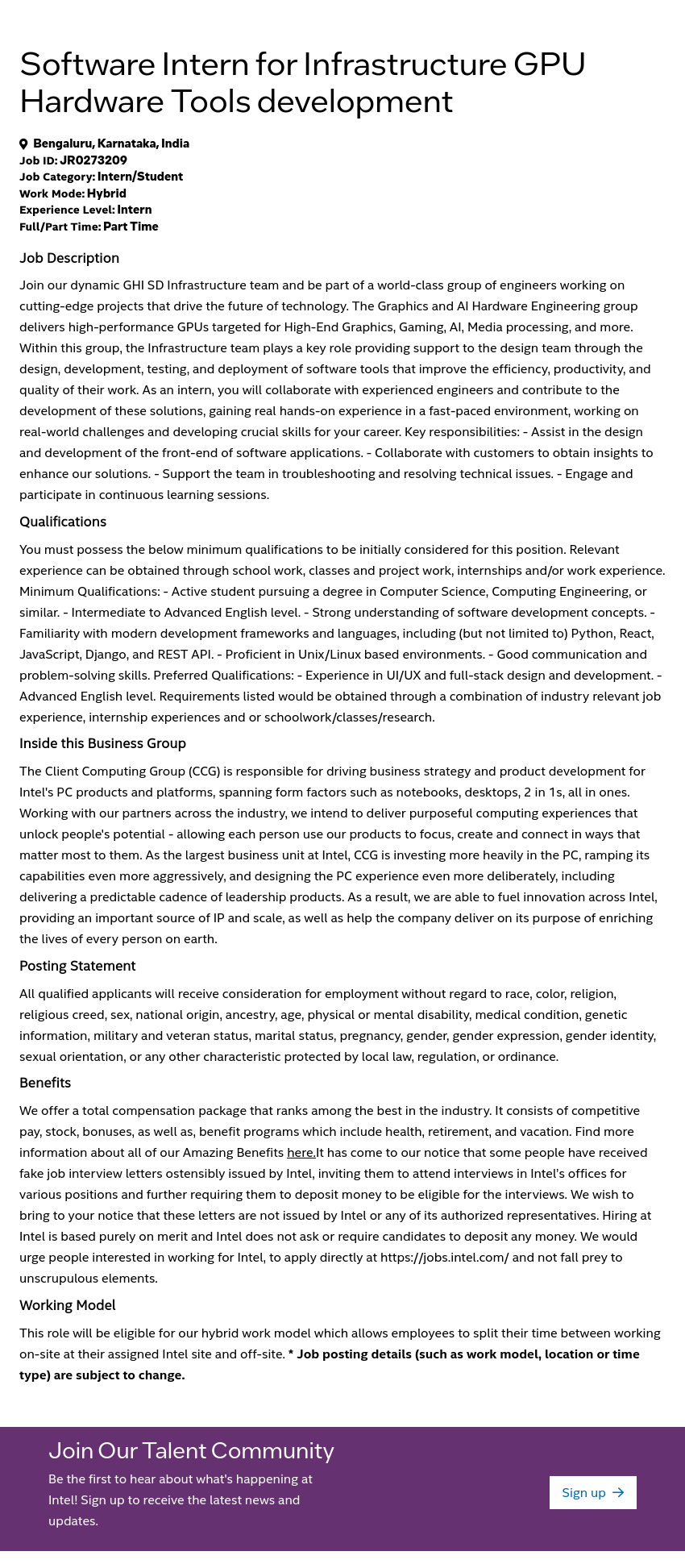인텔 Software Intern for Infrastructure GPU Hardware Tools development 채용공고