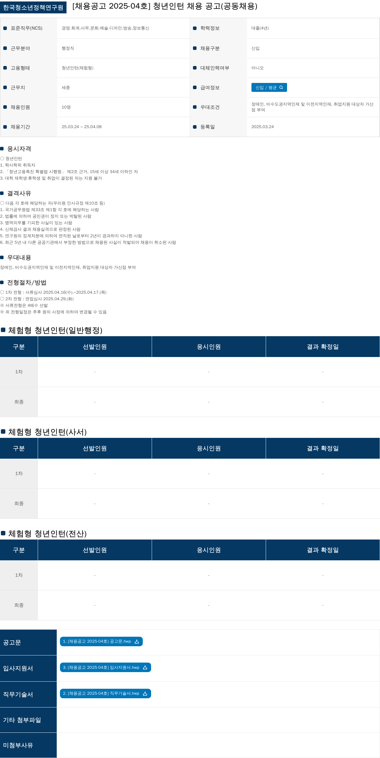 한국청소년정책연구원 [채용 공고 2025-04호] 청년 인턴 채용 공고 (공동 채용) 채용공고