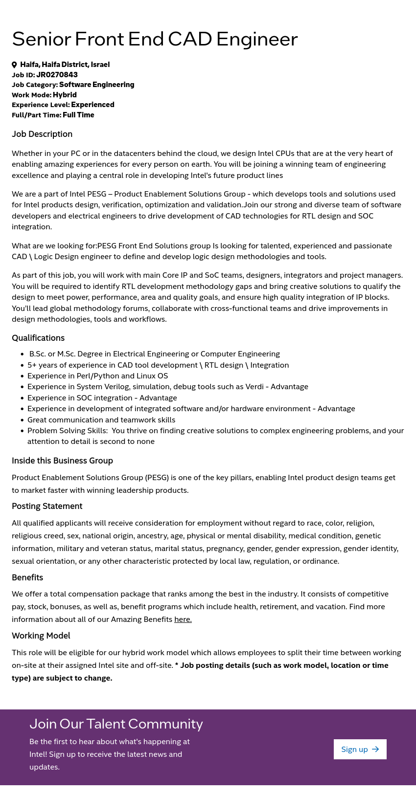 인텔 Senior Front End CAD Engineer 채용공고