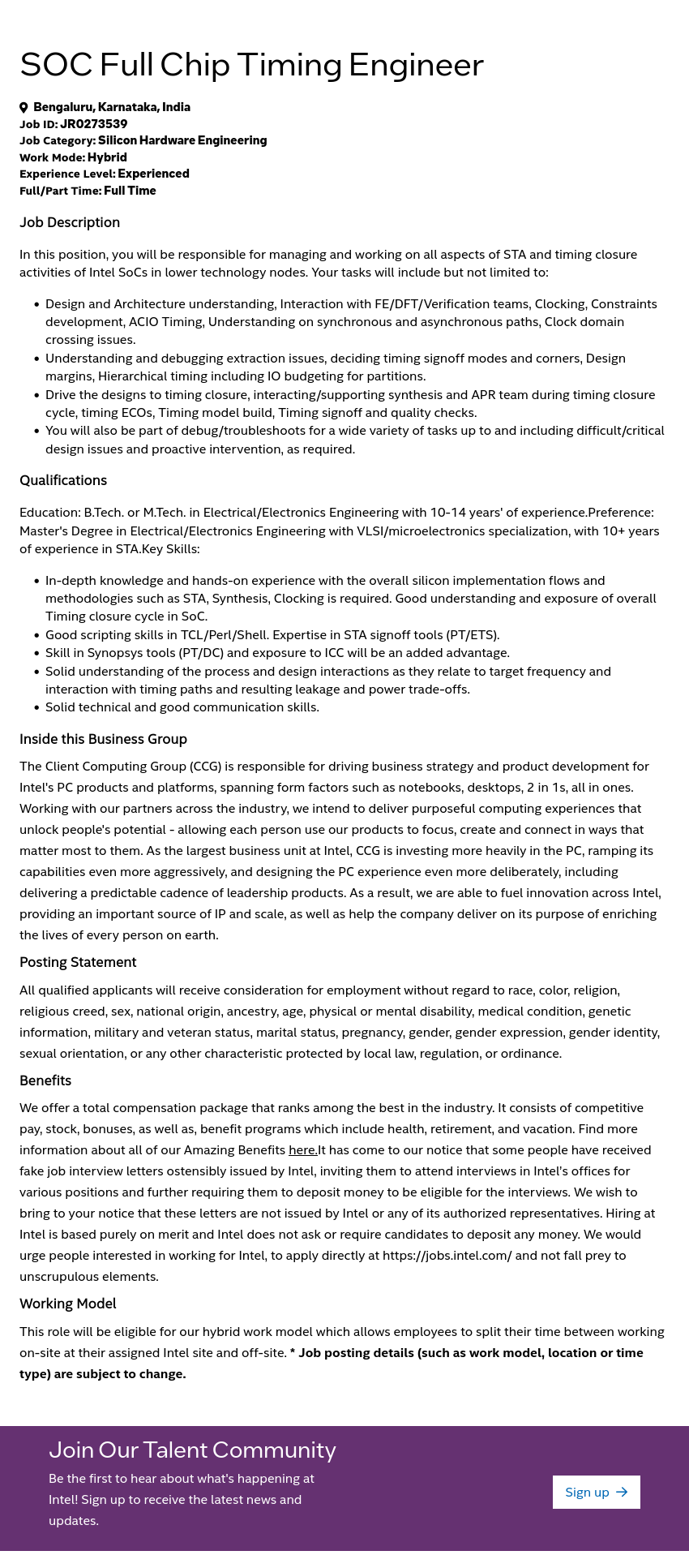 인텔 SOC Full Chip Timing Engineer 채용공고