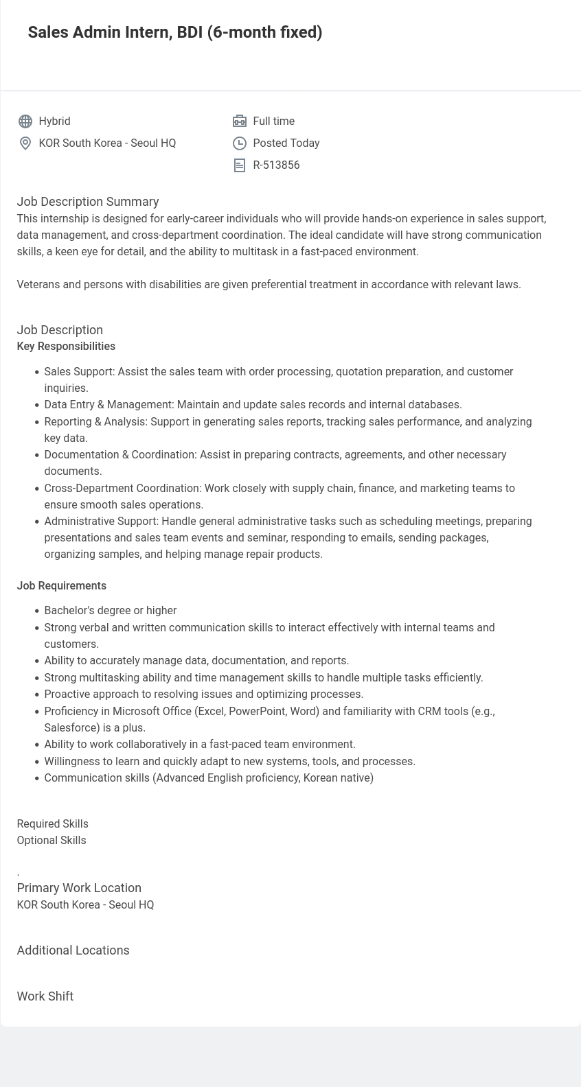 벡톤디킨슨코리아 Sales Admin Intern, BDI (6-month fixed) 채용공고
