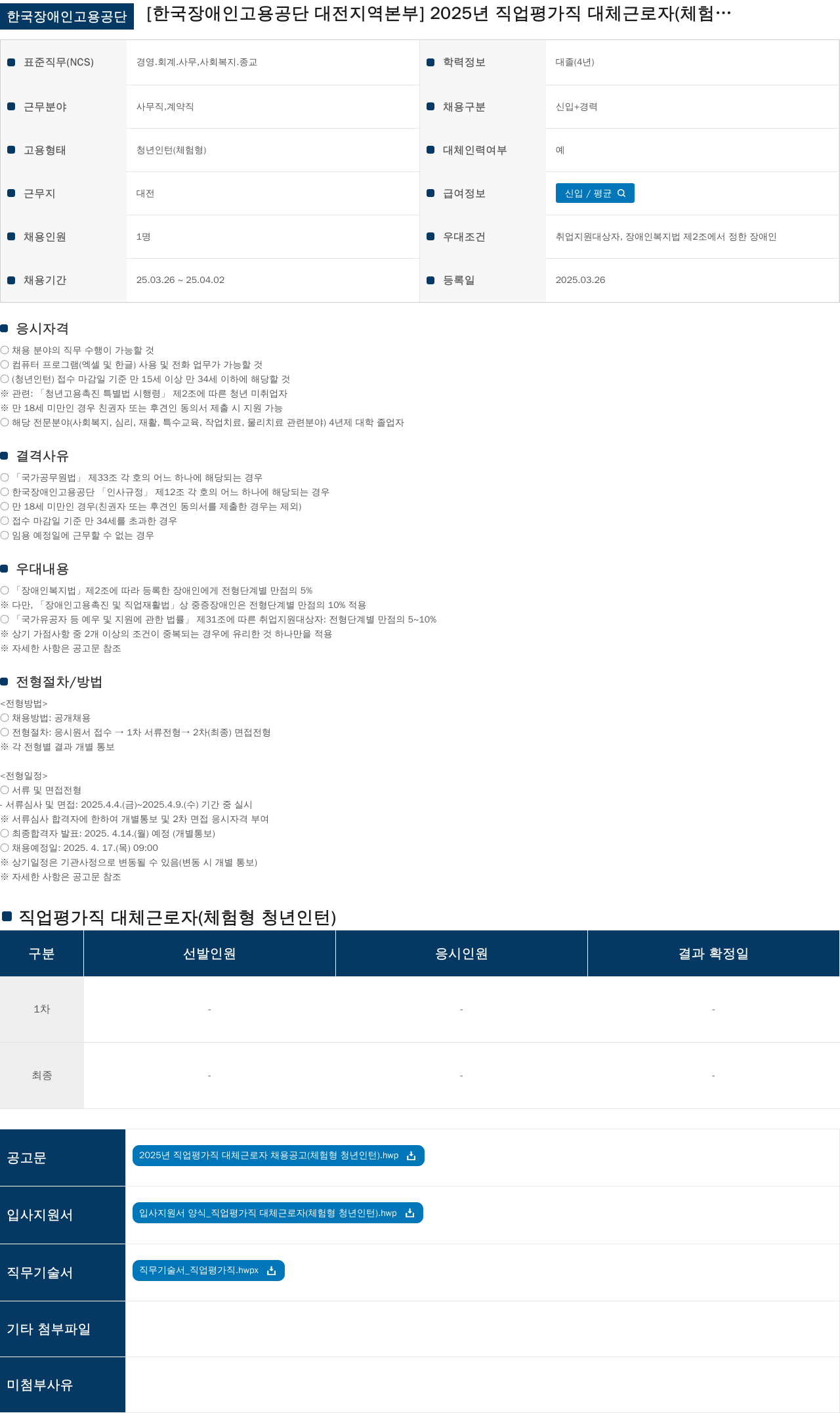한국장애인고용공단 2025년 직업평가직 대체근로자(체험형 청년인턴) 채용 공고 채용공고
