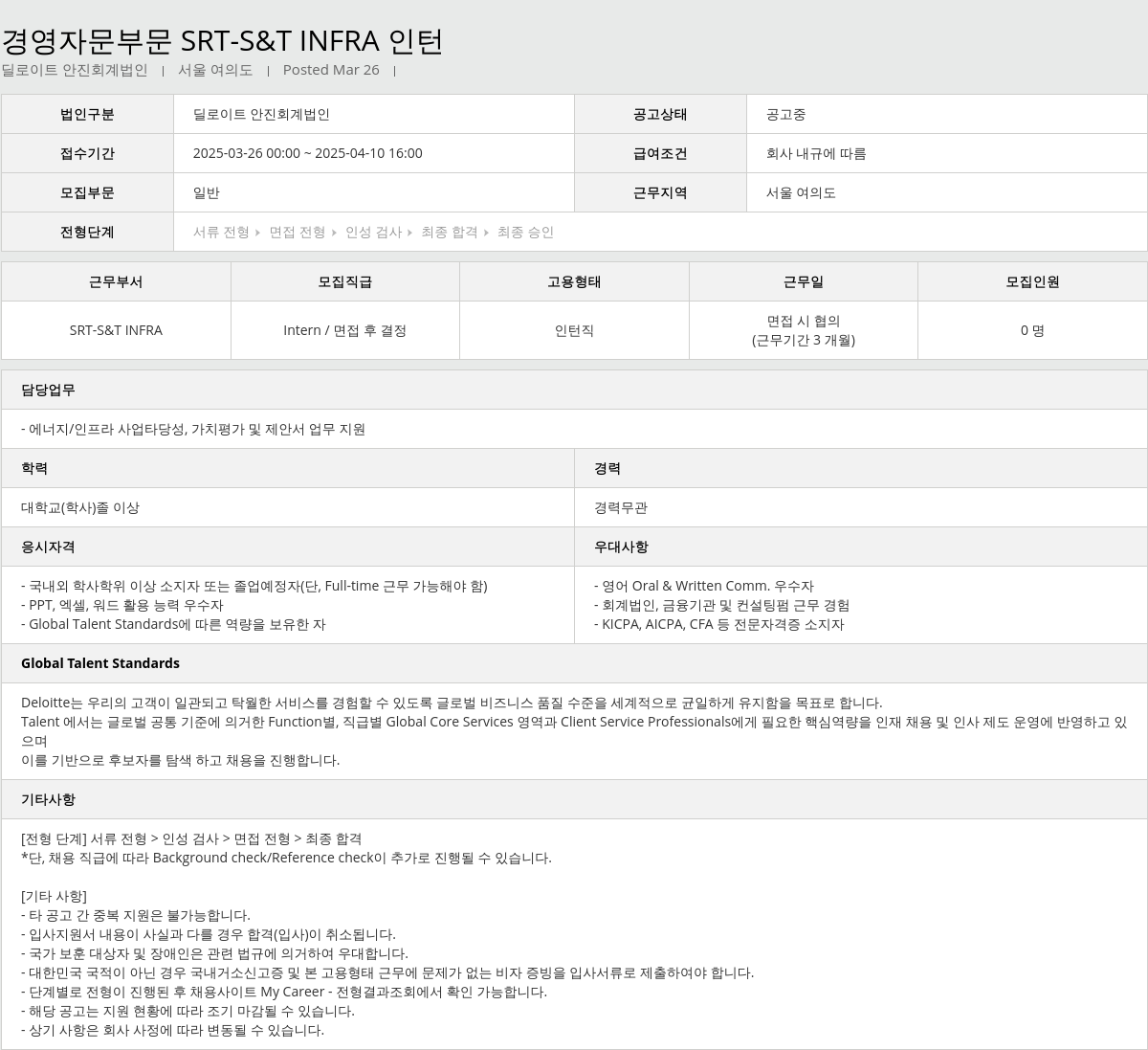 딜로이트안진 경영 자문 부문 SRT - S & T INFRA 인턴 채용공고