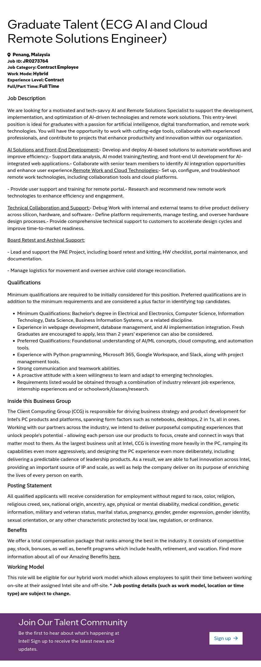 인텔 Graduate Talent (ECG AI and Cloud Remote Solutions Engineer) 채용공고