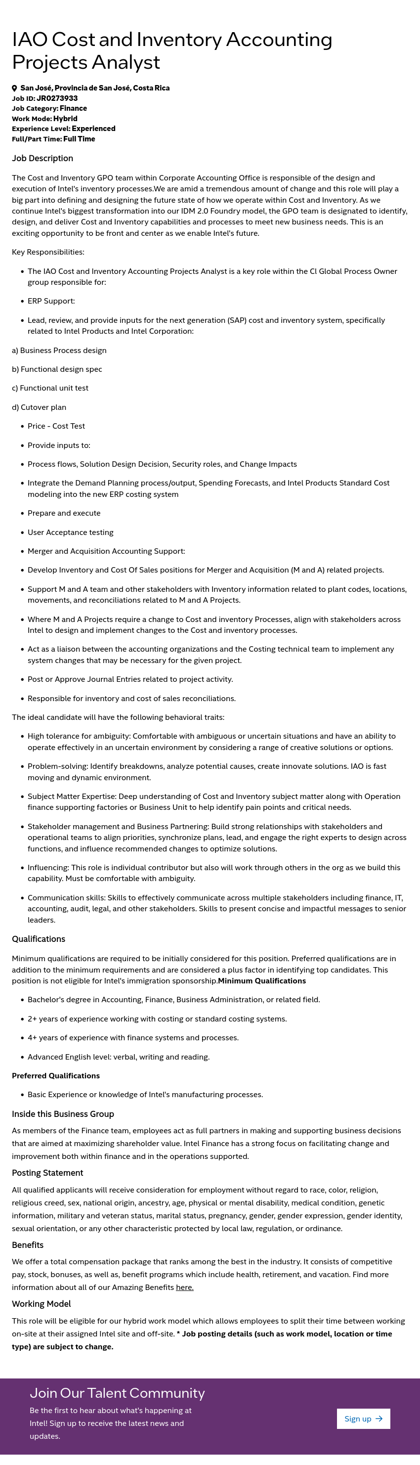 인텔 IAO Cost and Inventory Accounting Projects Analyst 채용공고
