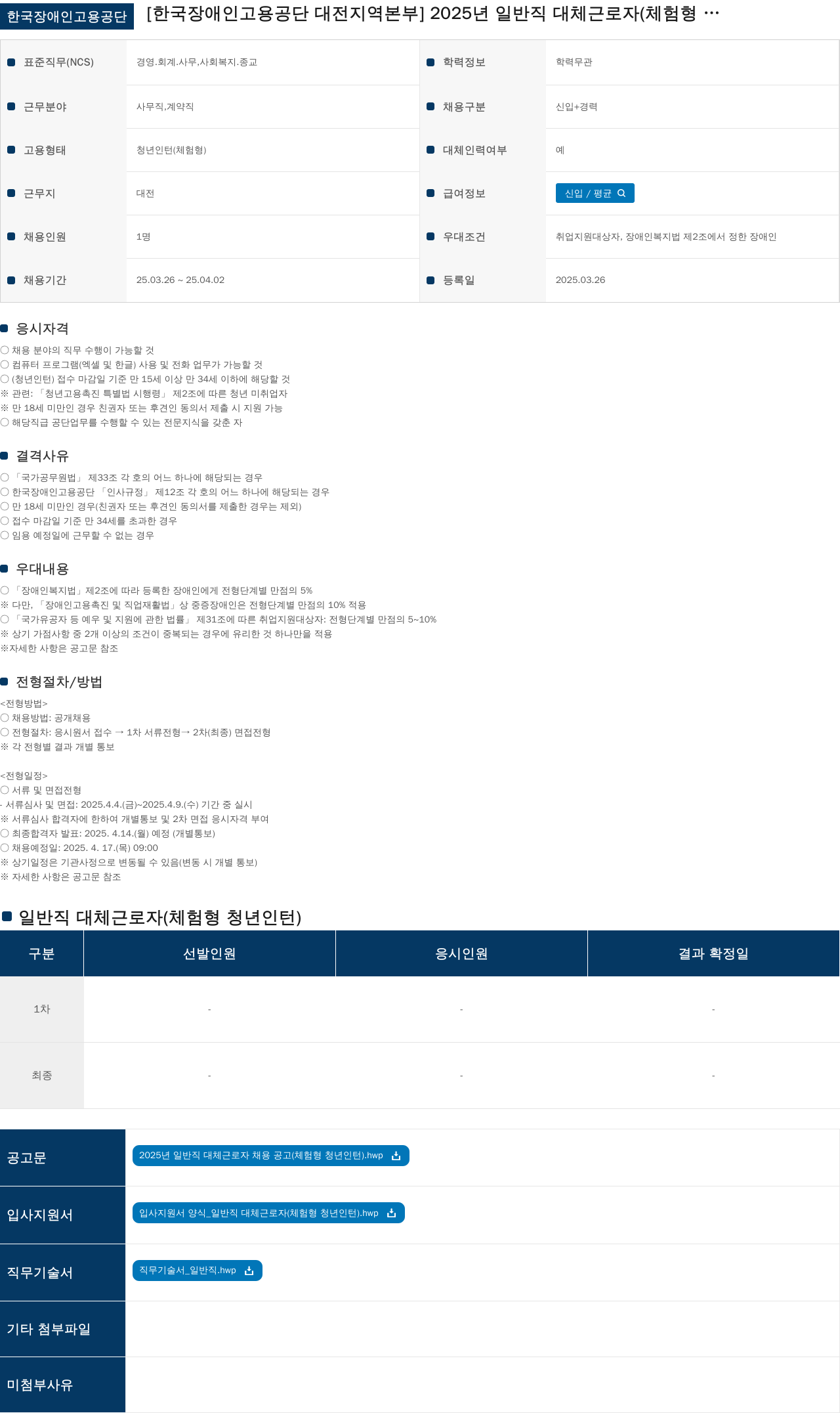 한국장애인고용공단 2025년 일반직 대체 근로자(체험형 청년 인턴) 채용 공고 채용공고