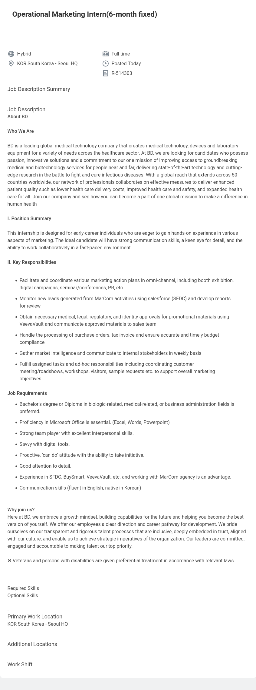 벡톤디킨슨코리아 Operational Marketing Intern (6-month fixed) 채용공고