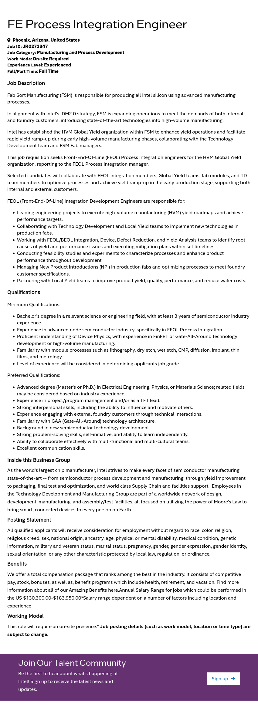 인텔 FE Process Integration Engineer 채용공고