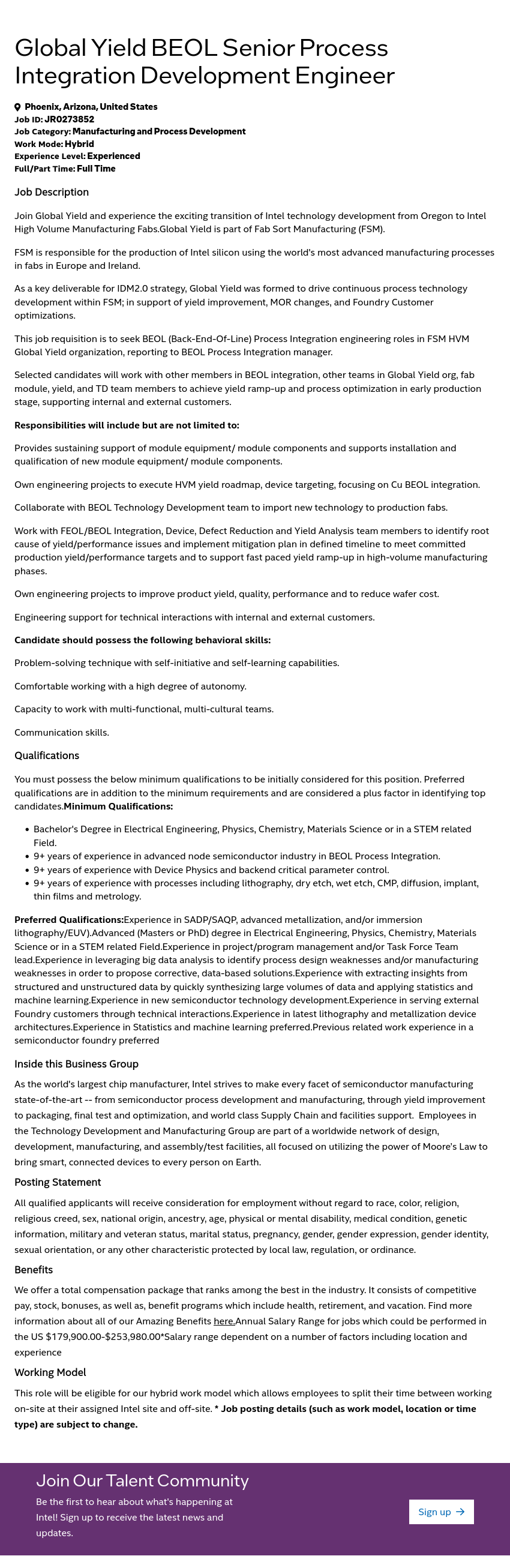 인텔 Senior Process Integration Development Engineer (Global Yield BEOL) 채용공고