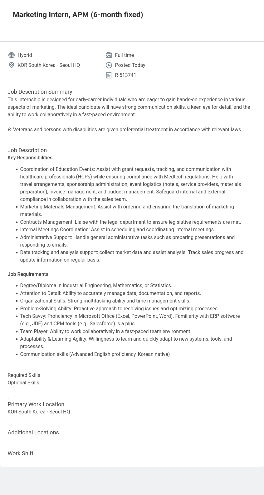 벡톤디킨슨코리아 Marketing Intern, APM (6-month fixed) 채용공고