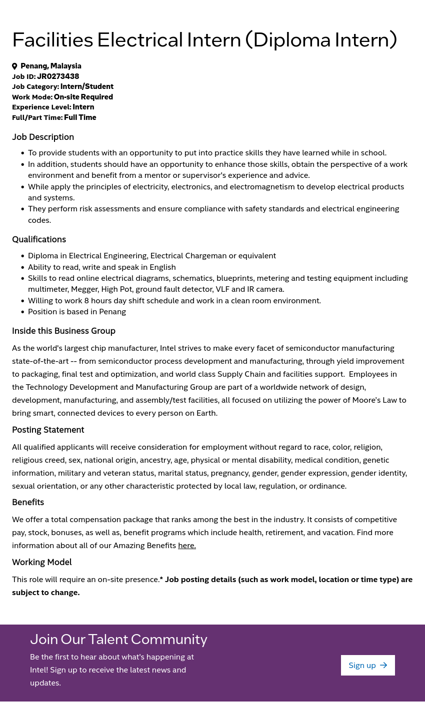 인텔 Facilities Electrical Intern (Diploma Intern) 채용공고
