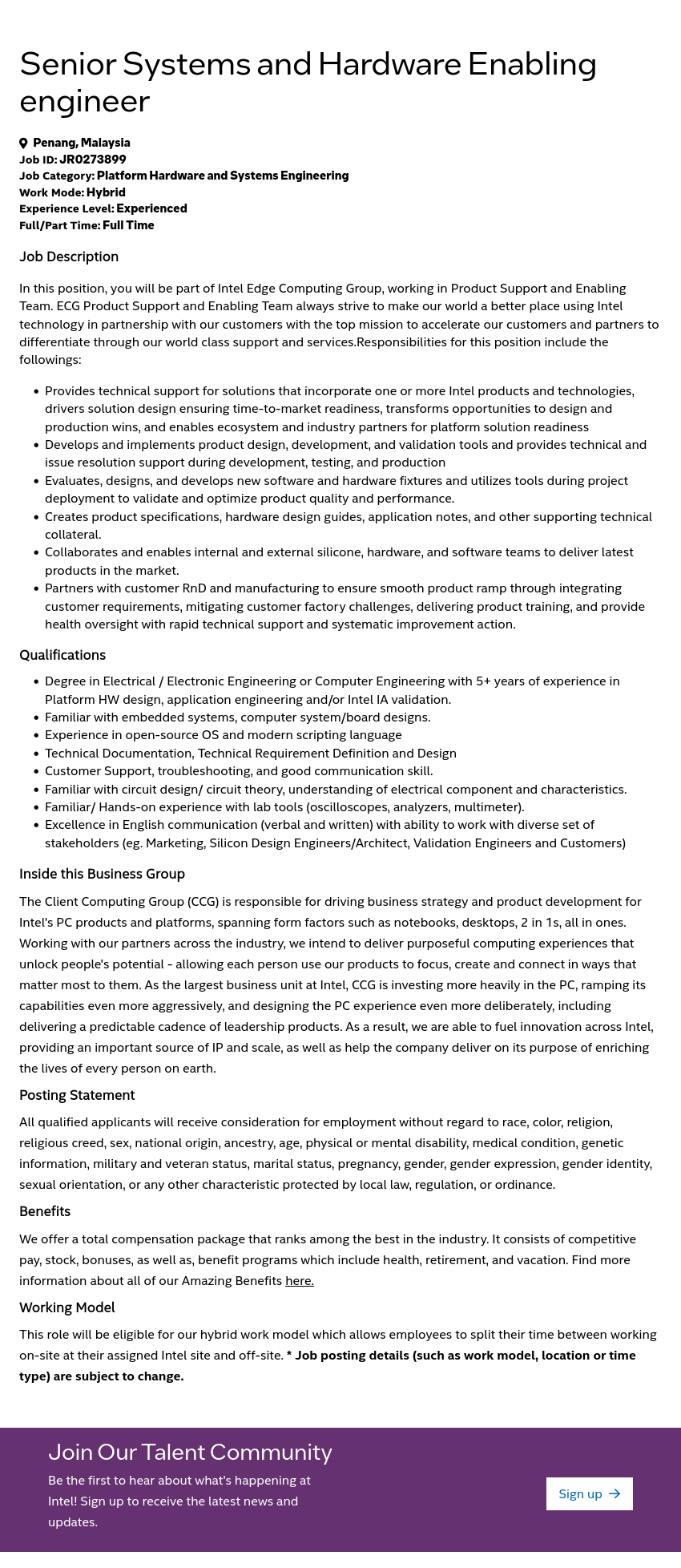 인텔 Senior Systems and Hardware Enabling Engineer 채용공고