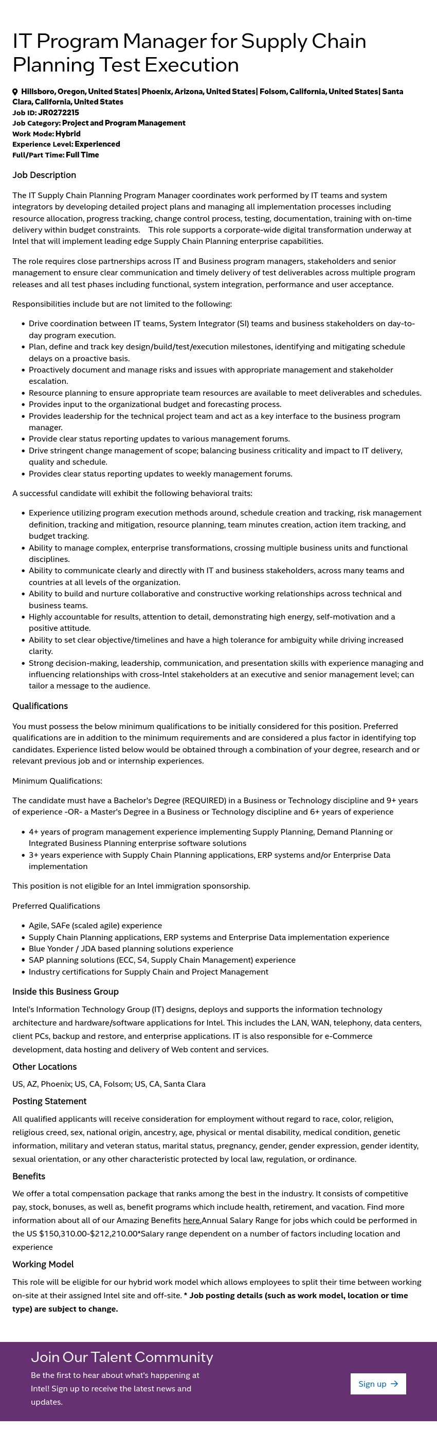 인텔 IT Program Manager for Supply Chain Planning Test Execution 채용공고