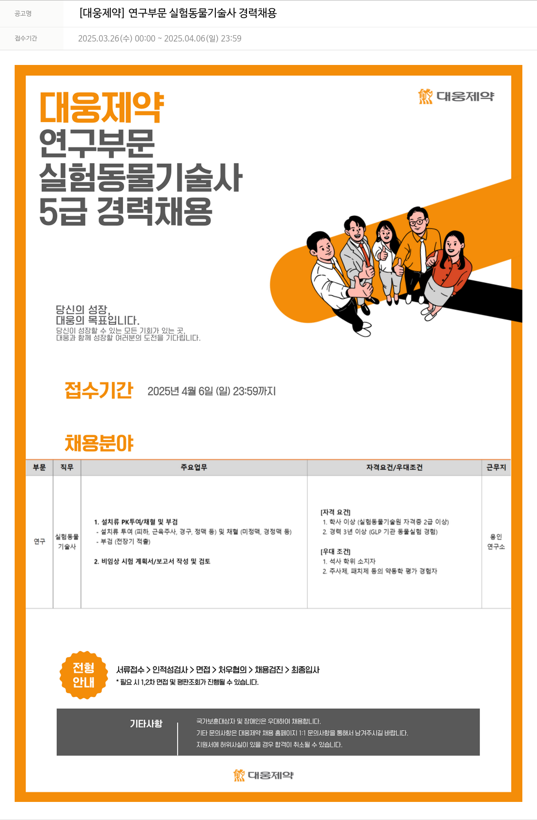 대웅제약 [대웅제약] 연구 부문 실험동물기술사 경력 채용 채용공고