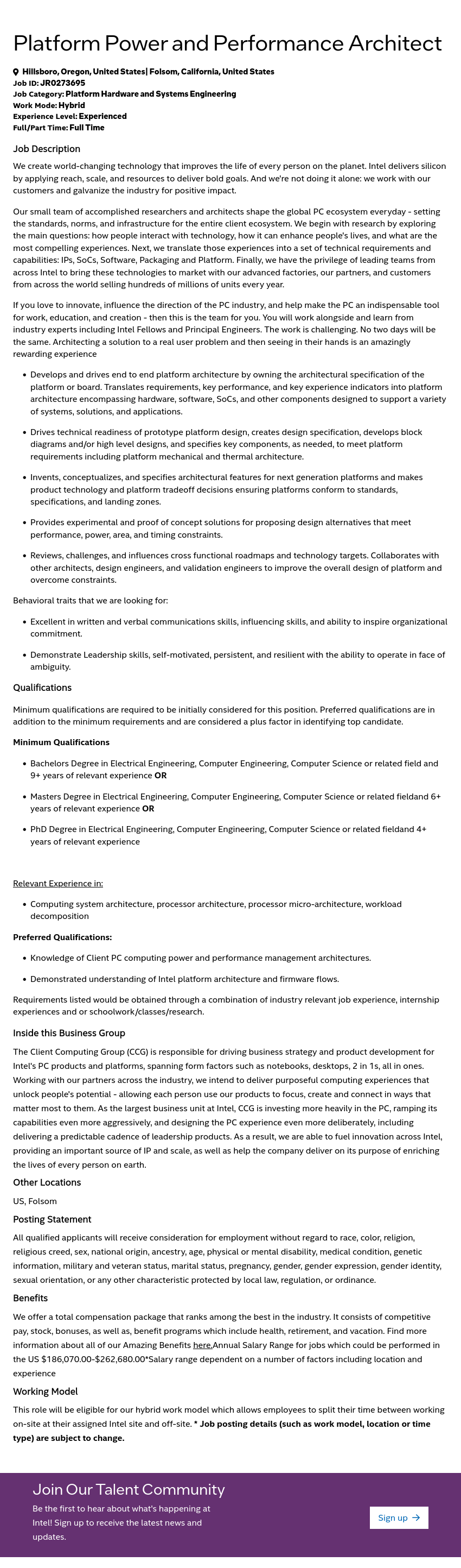 인텔 Platform Power and Performance Architect 채용공고