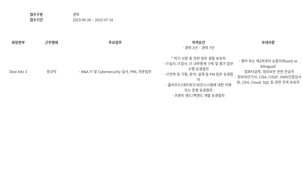 삼정 KPMG Deal Adv 3 정규직 - M&A IT 및 Cybersecurity 실사, PMI, 자문 업무 채용공고