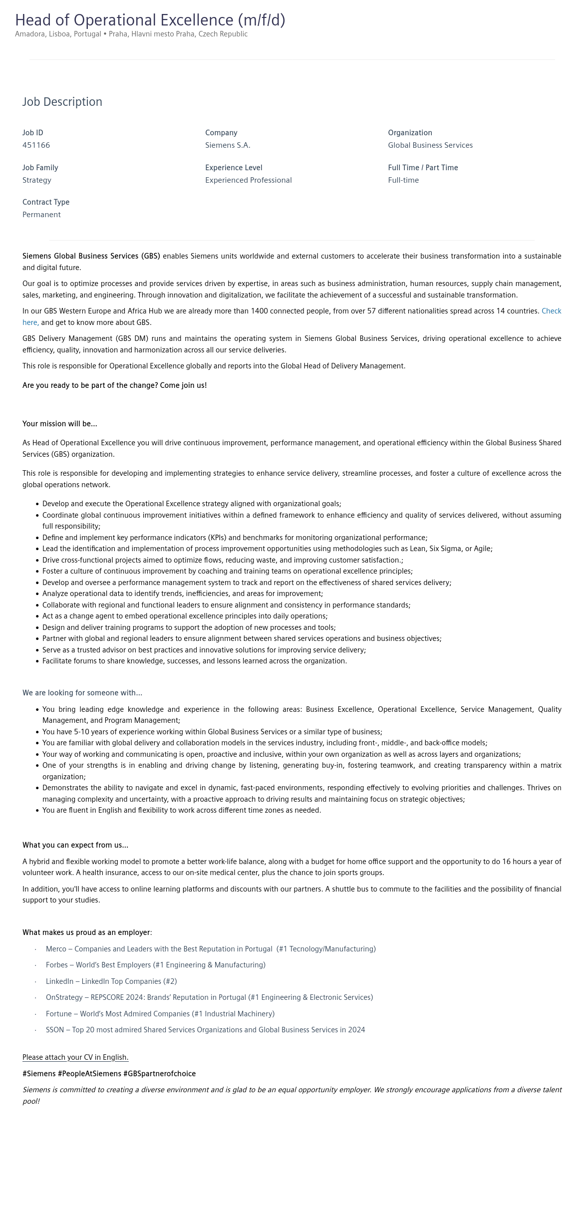 지멘스 Head of Operational Excellence (m/f/d) 채용공고