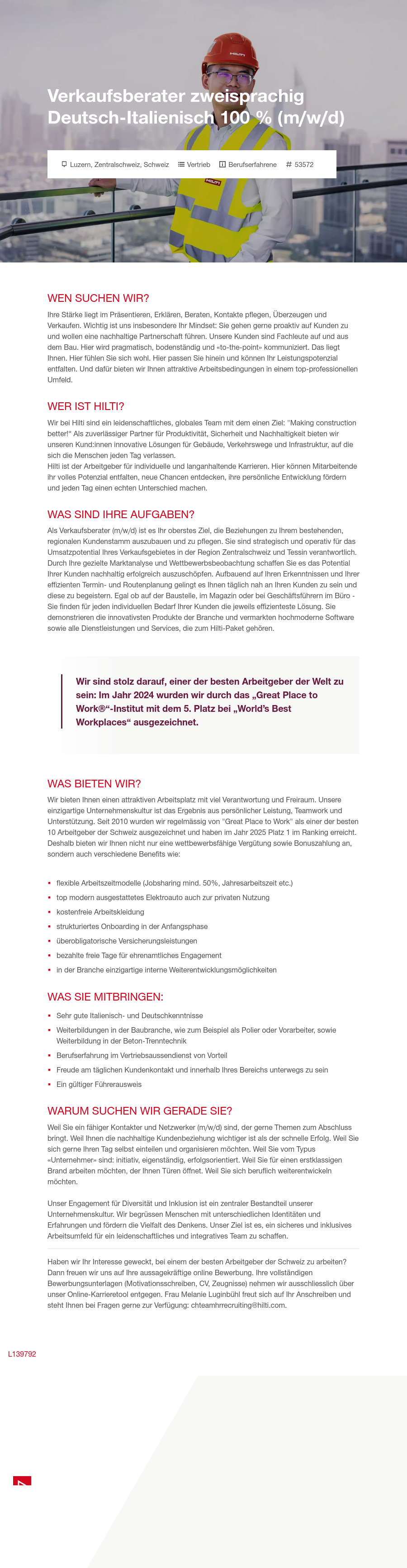 힐티 Verkaufsberater zweisprachig Deutsch - Italienisch 100 % (m/w/d) 채용공고