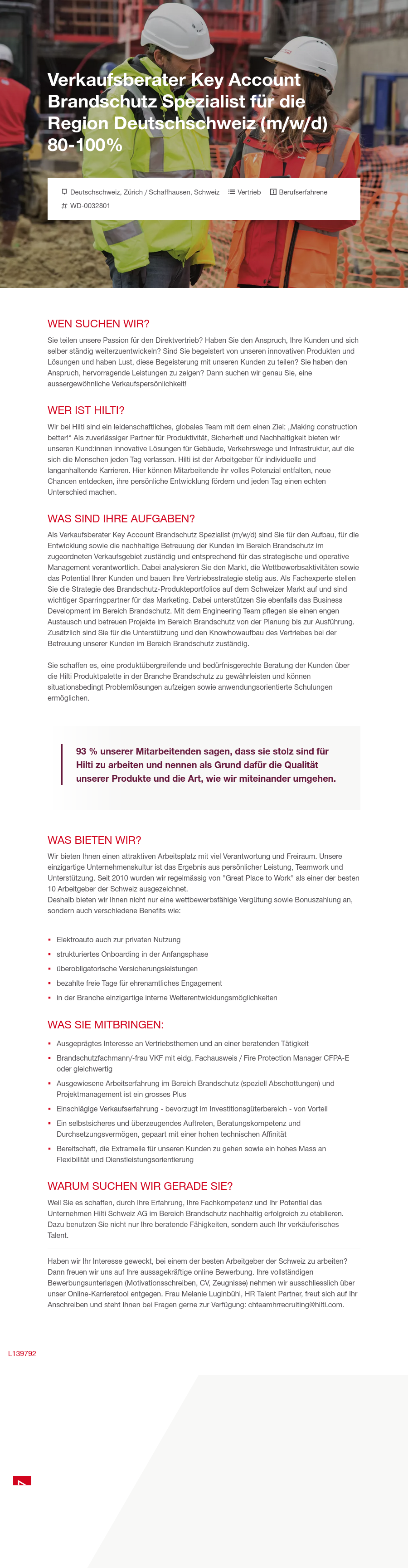 힐티 Verkaufsberater Key Account / Brandschutz Spezialist für die Region Deutschschweiz (m/w/d) 80-100% 채용공고