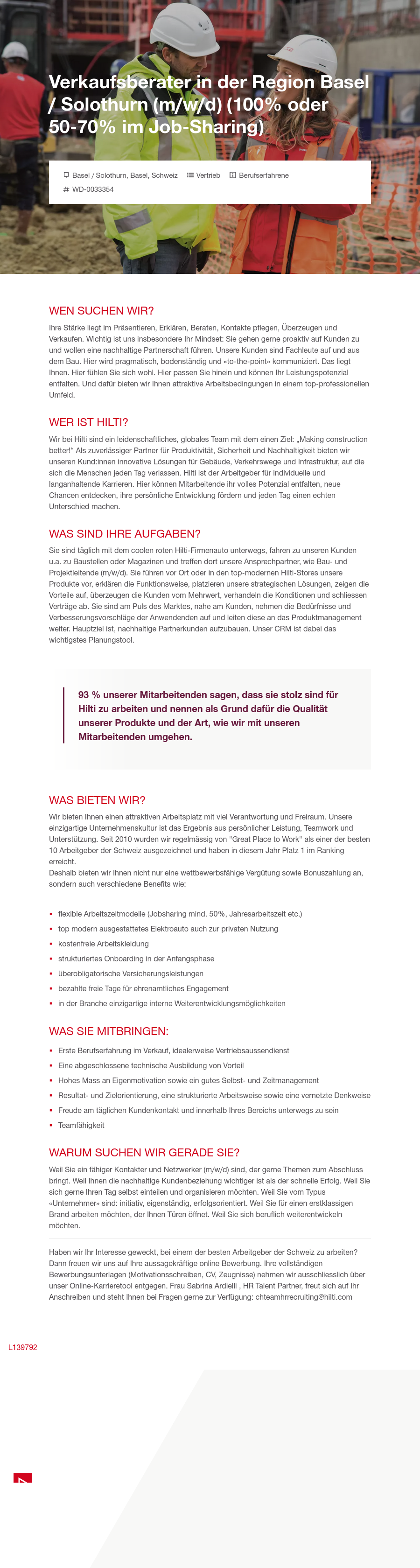 힐티 Verkaufsberater in der Region Basel / Solothurn (m/w/d) (100% oder 50-70% im Job-Sharing) 채용공고