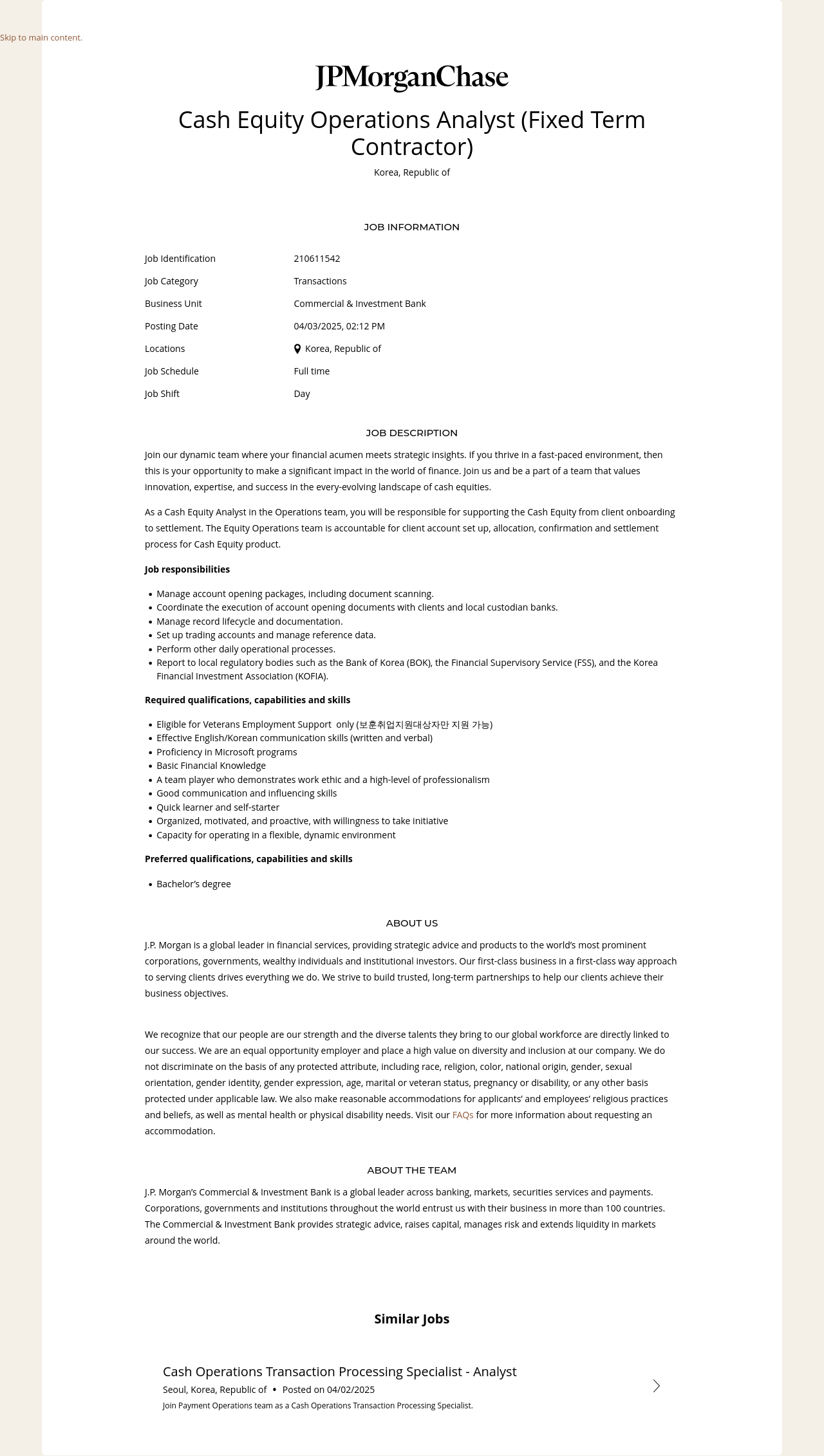 JPMorganChase Cash Equity Operations Analyst (Fixed Term Contractor) 채용공고