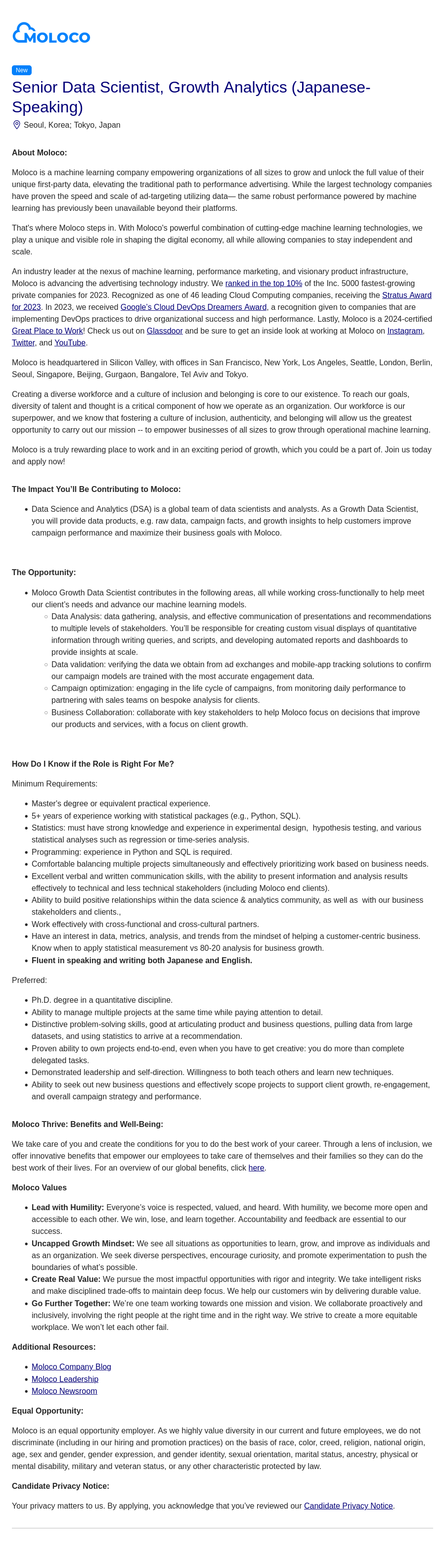 몰로코 Senior Data Scientist, Growth Analytics (Japanese-Speaking) 채용공고