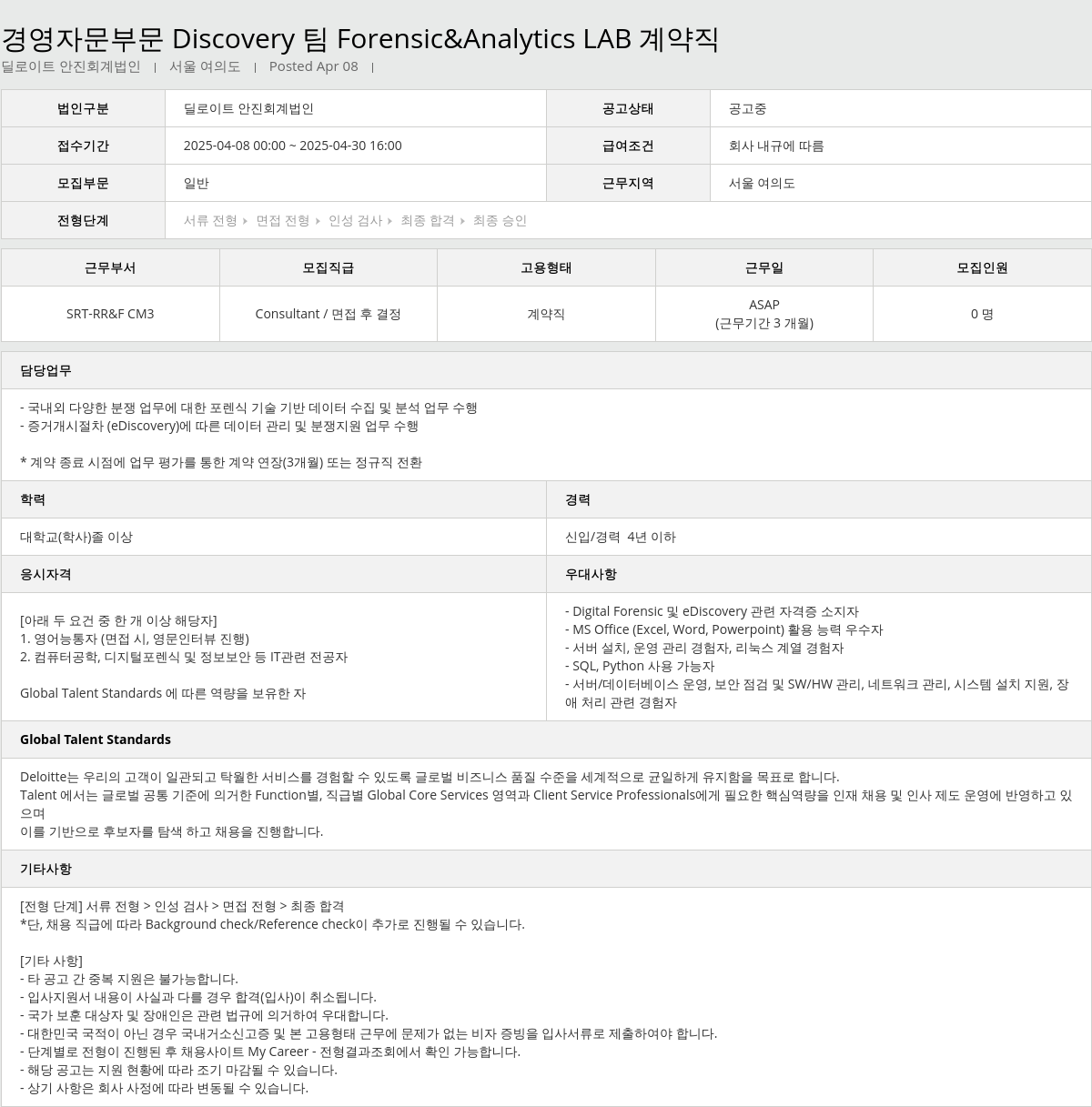 딜로이트안진 경영 자문 부문 Discovery 팀 Forensic & Analytics LAB 계약직 채용공고