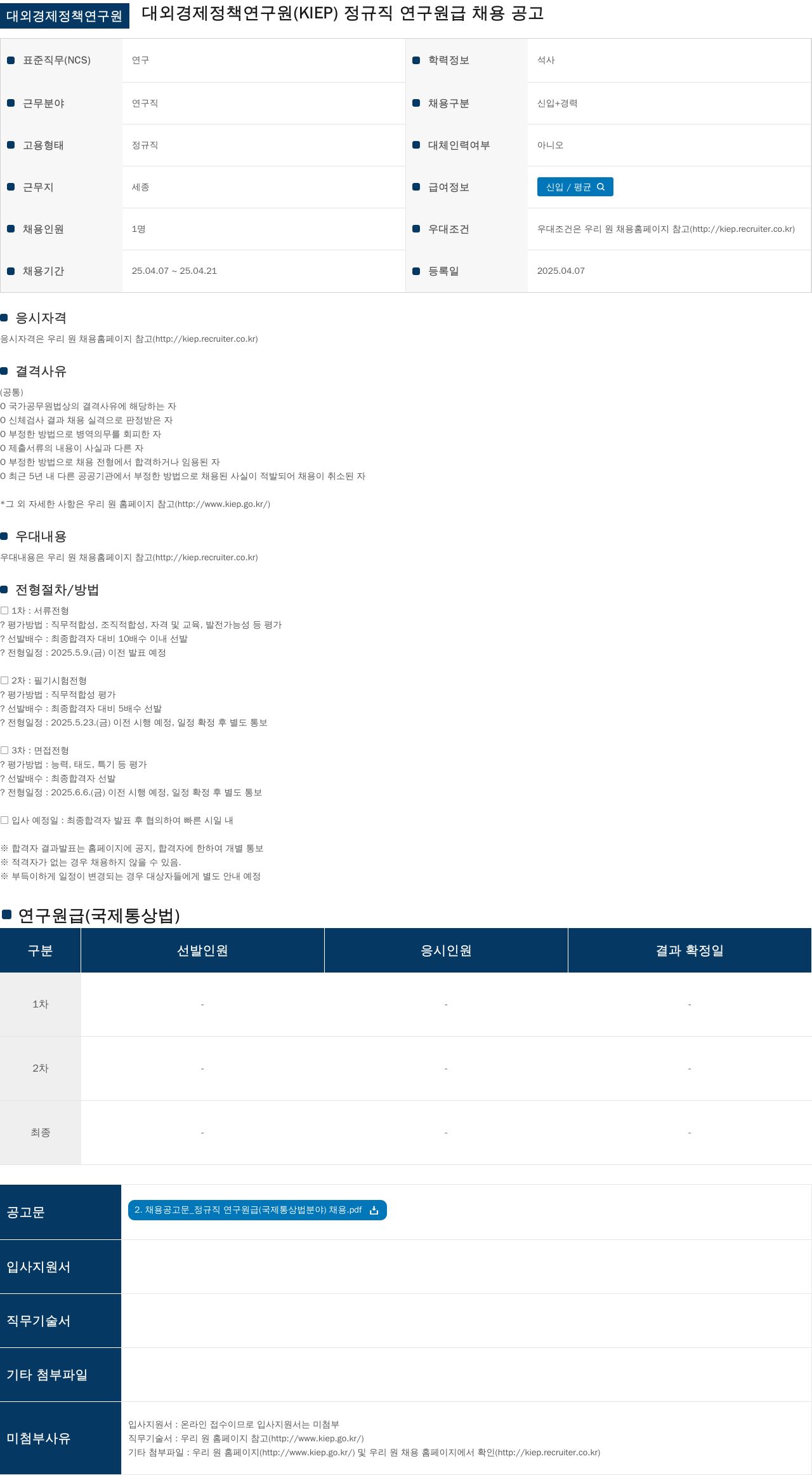 대외경제정책연구원 대외경제정책연구원 정규직 연구원급(국제통상법 분야) 채용 공고 채용공고