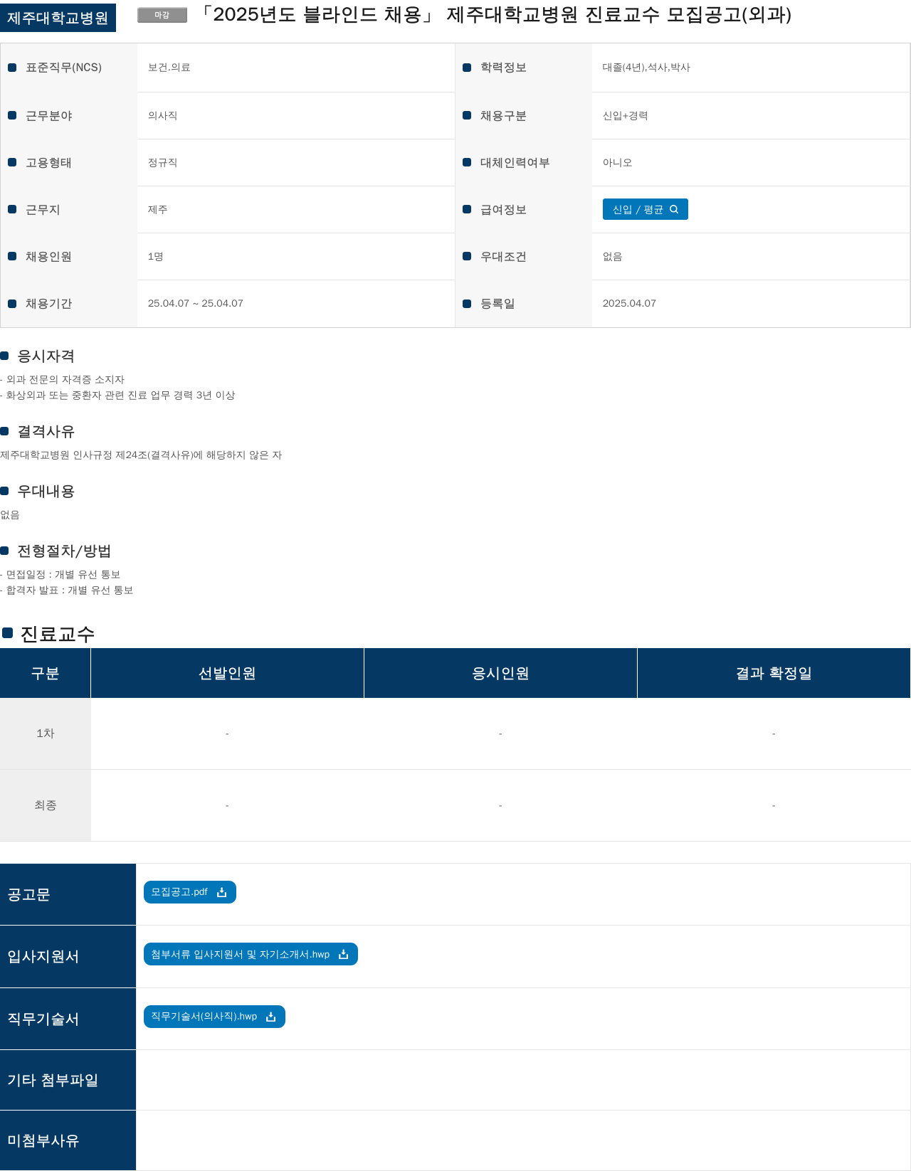 제주대학교병원 2025년도 블라인드 채용 제주대학교병원 진료교수 모집 공고(외과) 채용공고