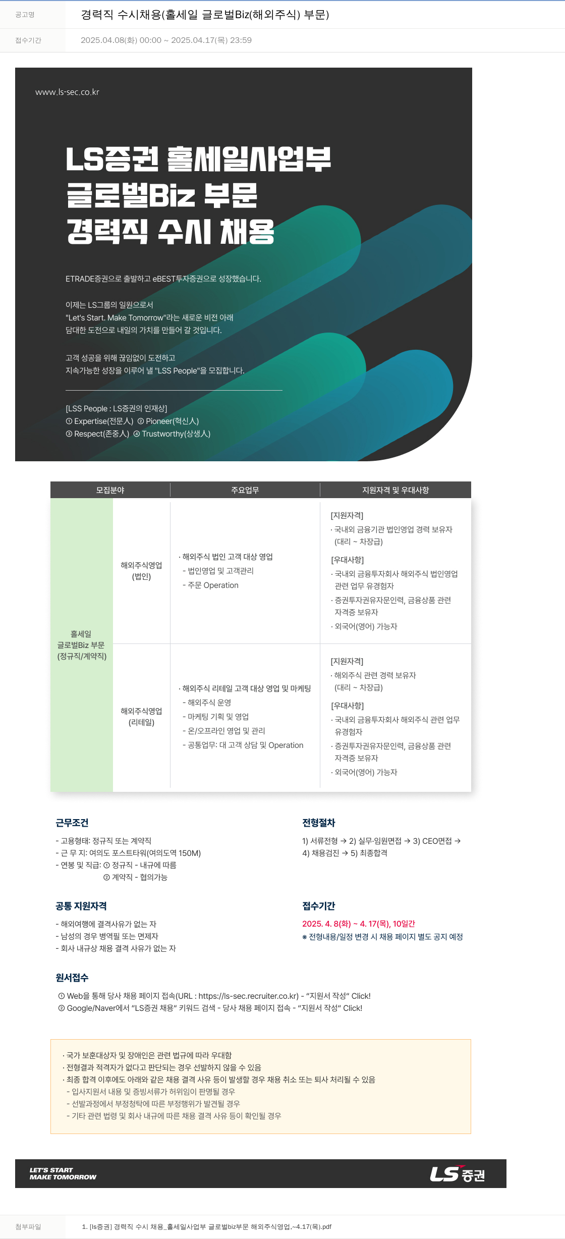 LS증권 경력직 수시 채용 (홀세일 글로벌 Biz(해외주식) 부문) 채용공고